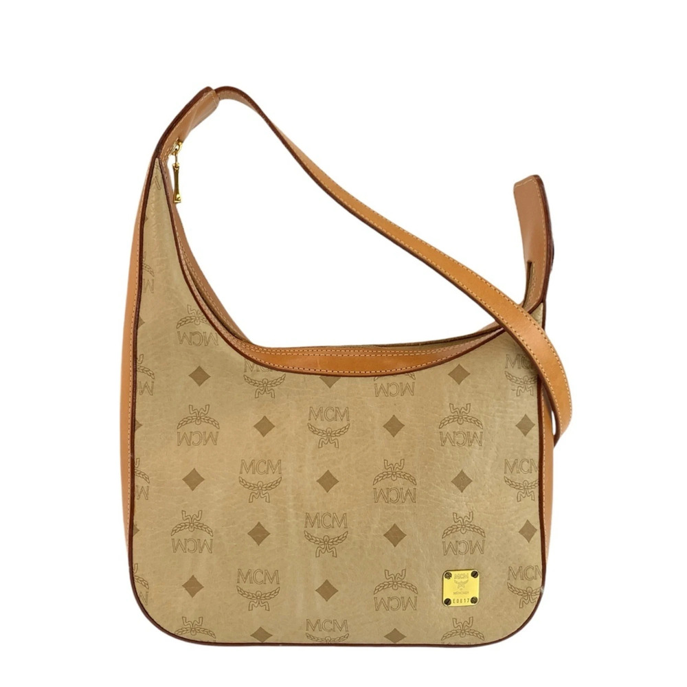 MCM Visetos Beige Brown Leather Shoulder Bag with Gold Hardware for Women